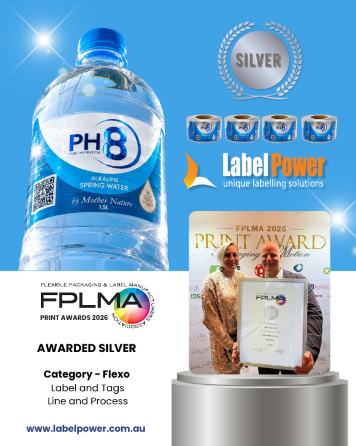 Label Power Silver Award – PH8 Water label