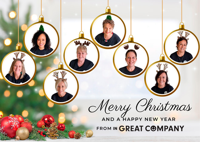 Merry Christmas and a happy new year from In Great Company. Photo of all In Great Company team members in Christmas tree baubles.